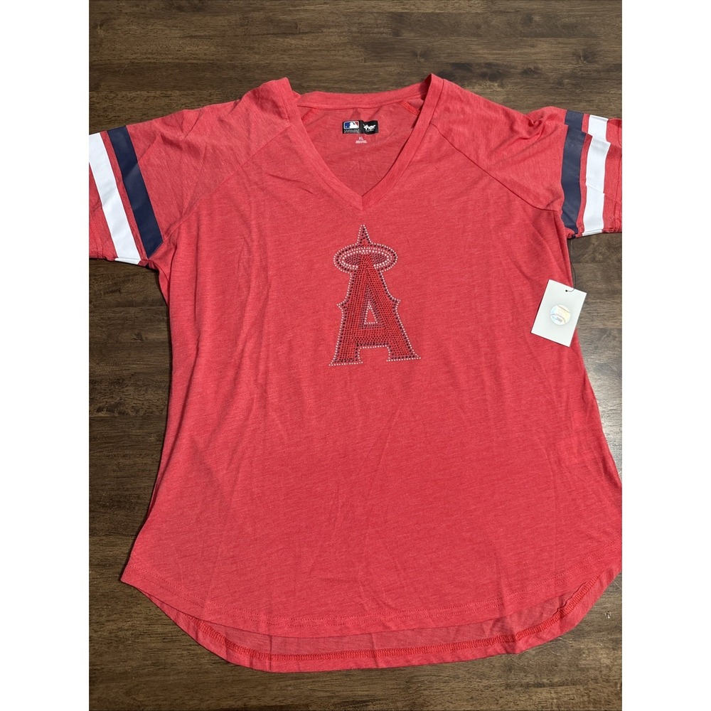 Los Angeles Angels Baseball 4her V-Neck T-Shirt Red Womens XL Bling Logo NWT MLB
